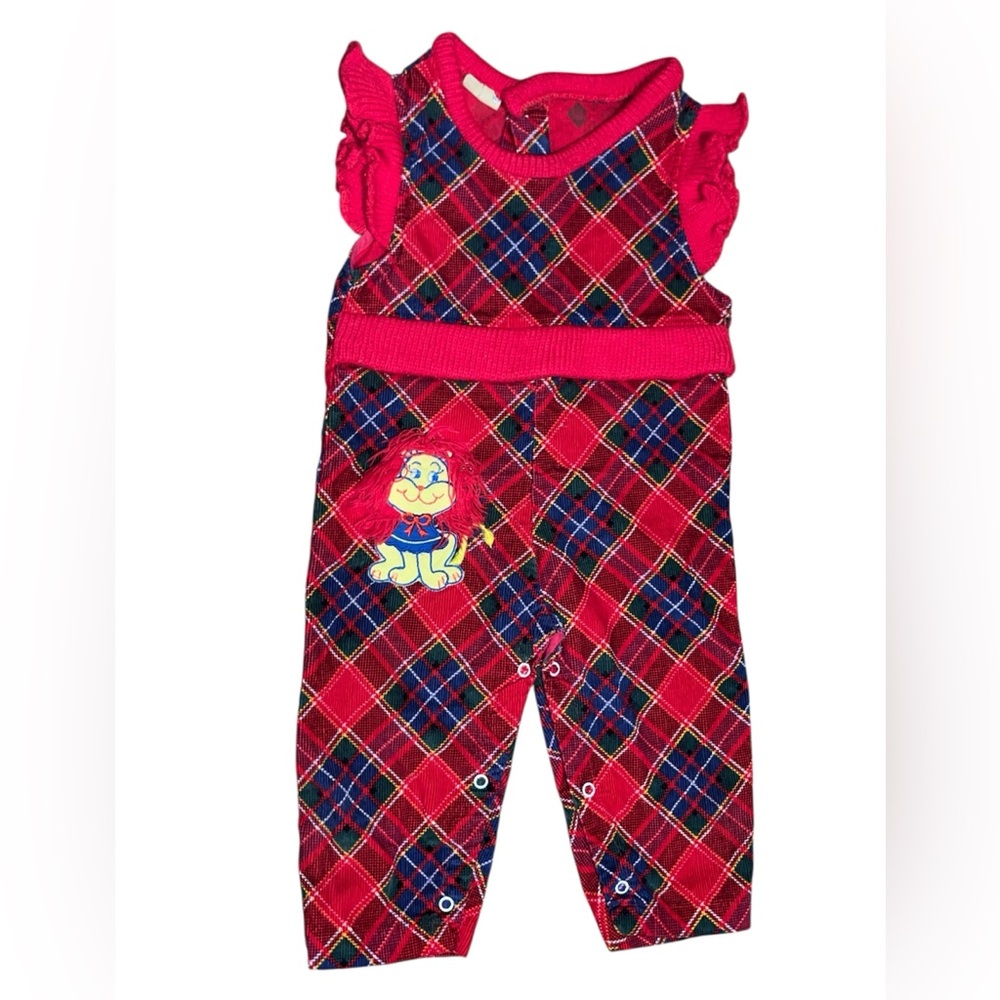 Vintage baby toddler one piece snap up red lion holiday plaid girls 6-12 months